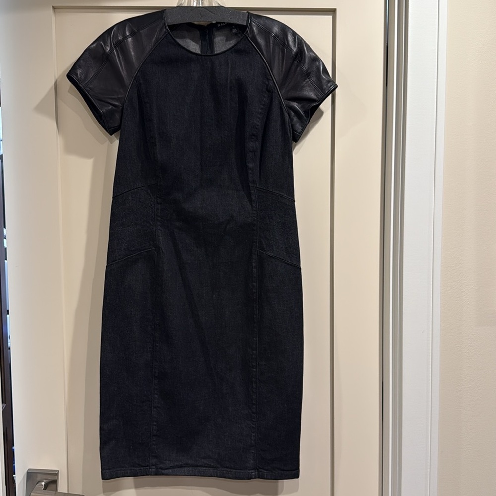 Ralph Lauren black label black denim and leather fitted dress - Picture 2 of 7